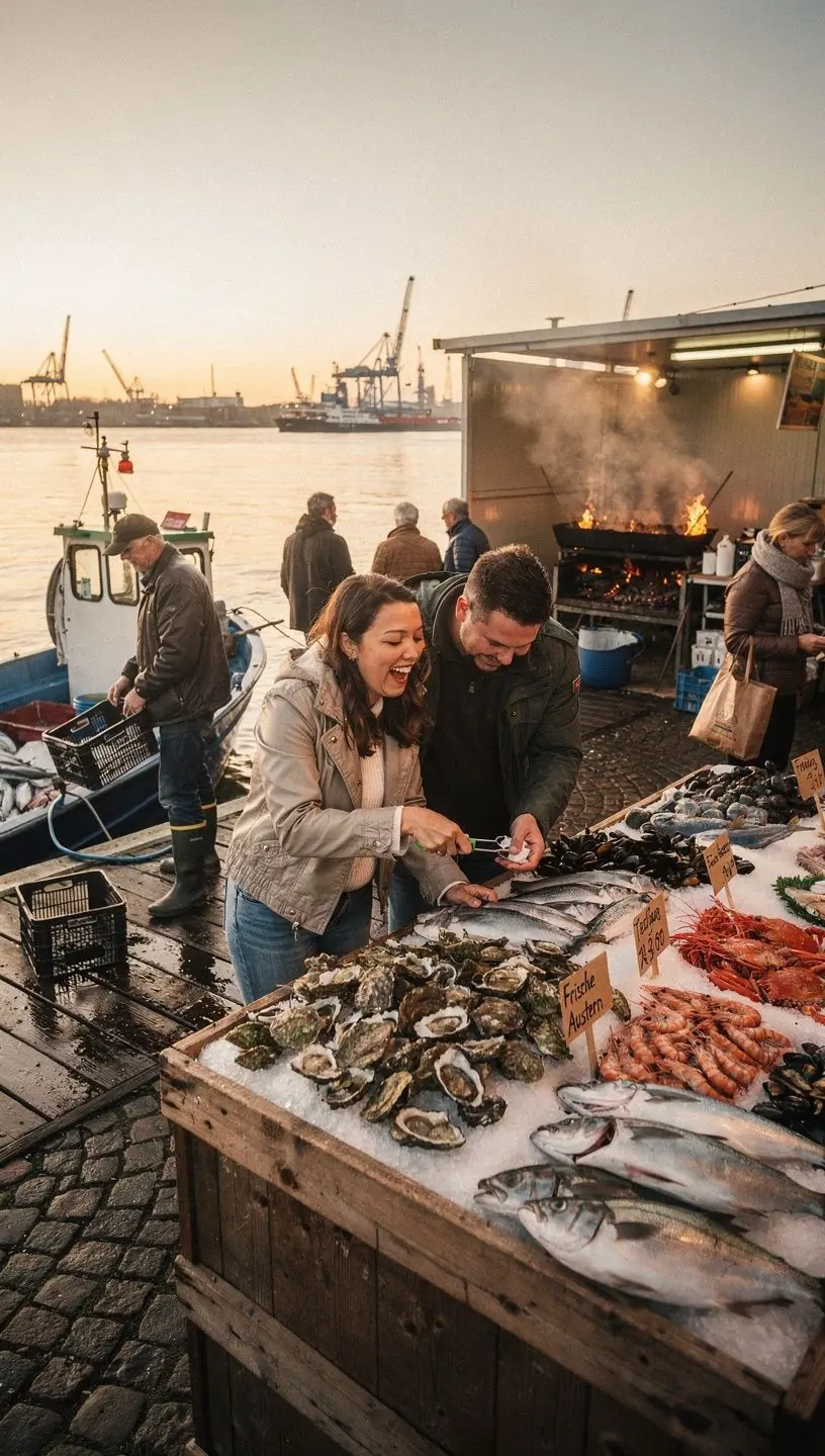 Ein lächelnder Verkäufer, der einheimische Spezialitäten auf einem Markt präsentiert.
